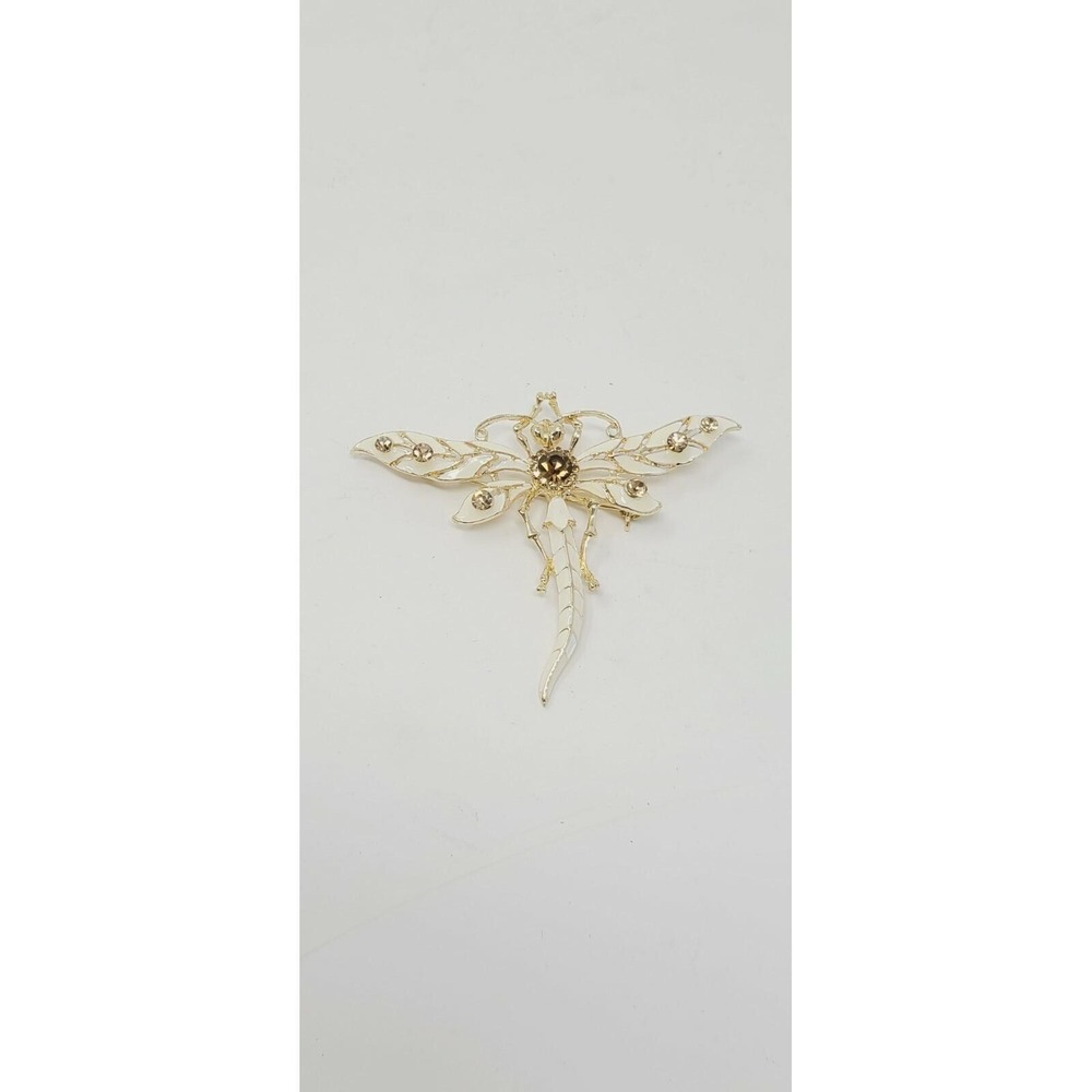 Vtg dragonfly brooch pin enamel rhinestones gold tone whimsical mythology